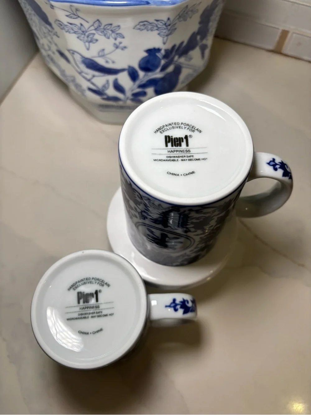 Pier 1 Imports Blue and White Porcelain Happiness Mugs – Elegant Chinoiserie Cup